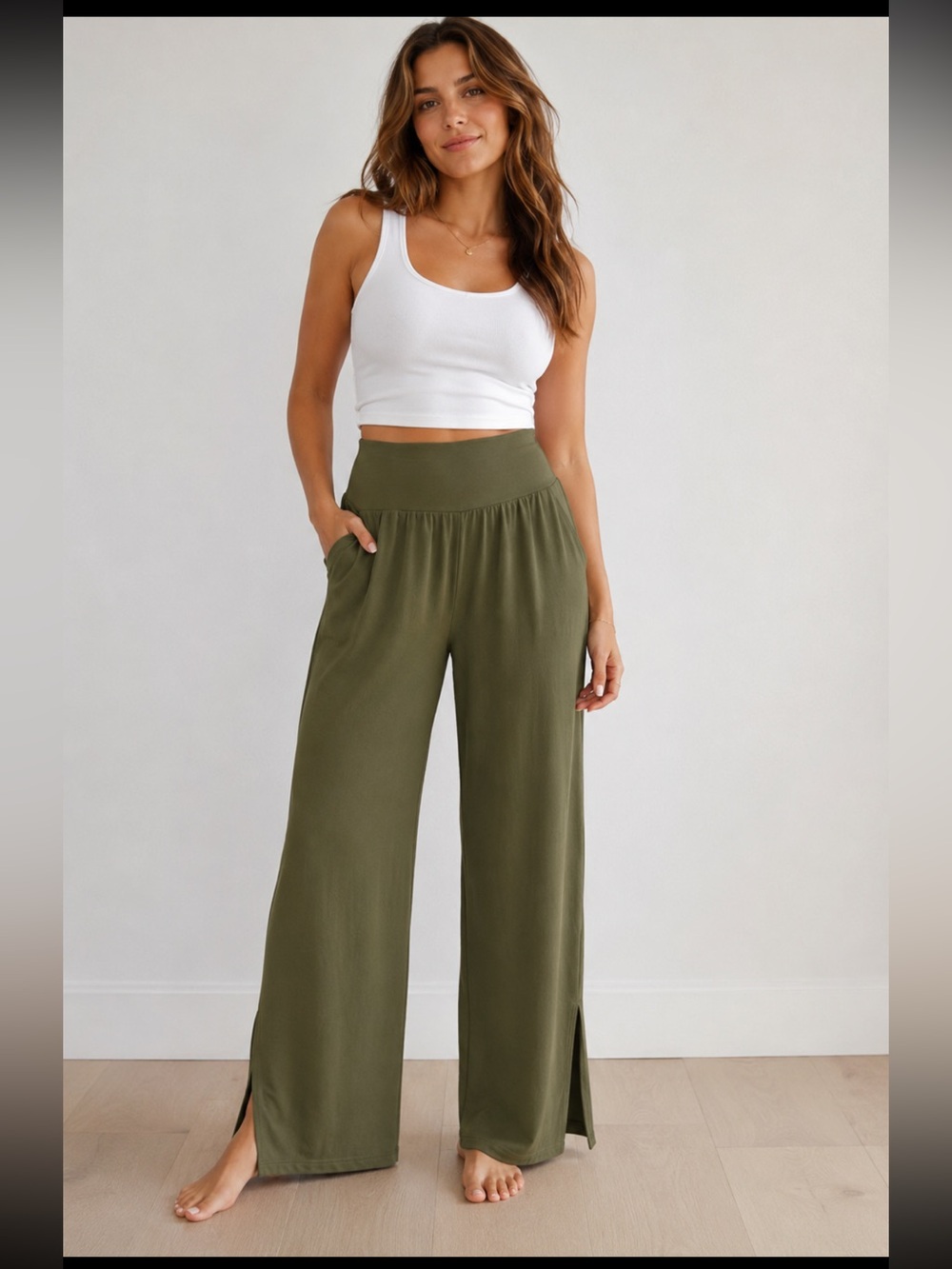 UEU Olive Wide-Leg Wide Waist Women's Lounge Pants Side Split NWT XL
